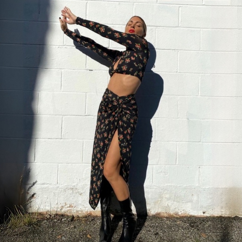 AFRM floral printed slinky stretch crop top and skirt set